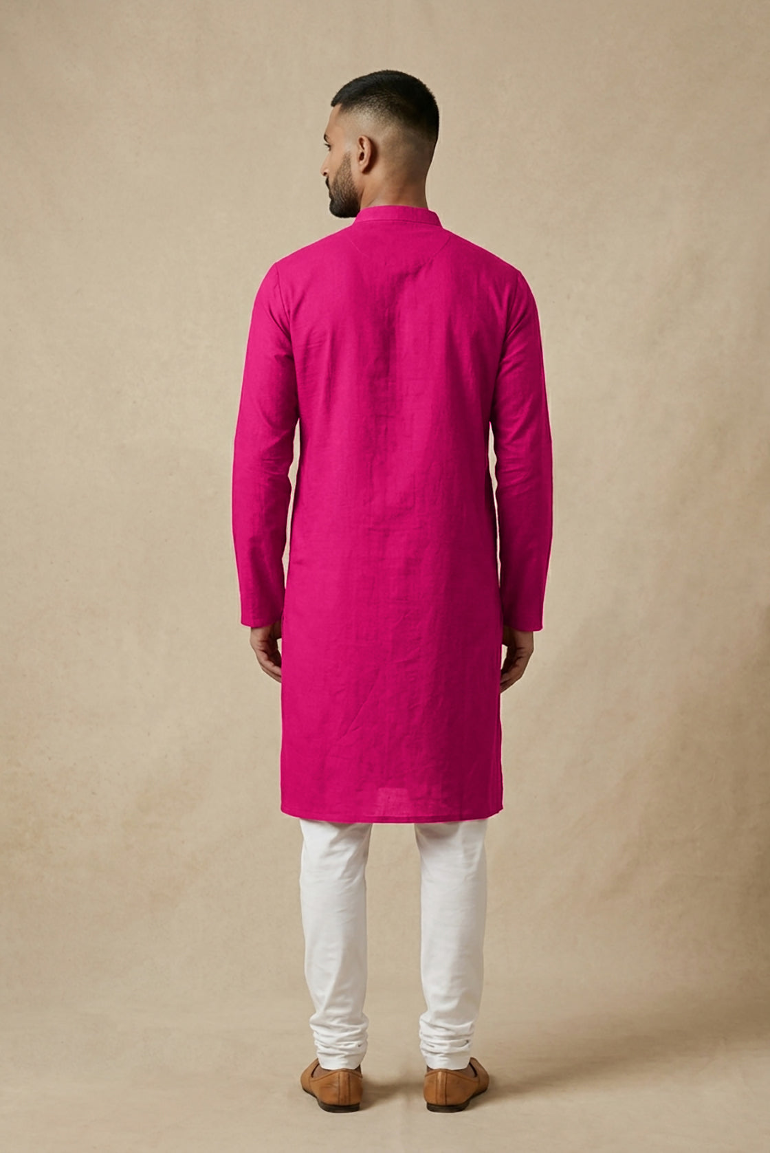 Pink Pure Silk Plain Body Mens Kurta back image displayed on an AI model
