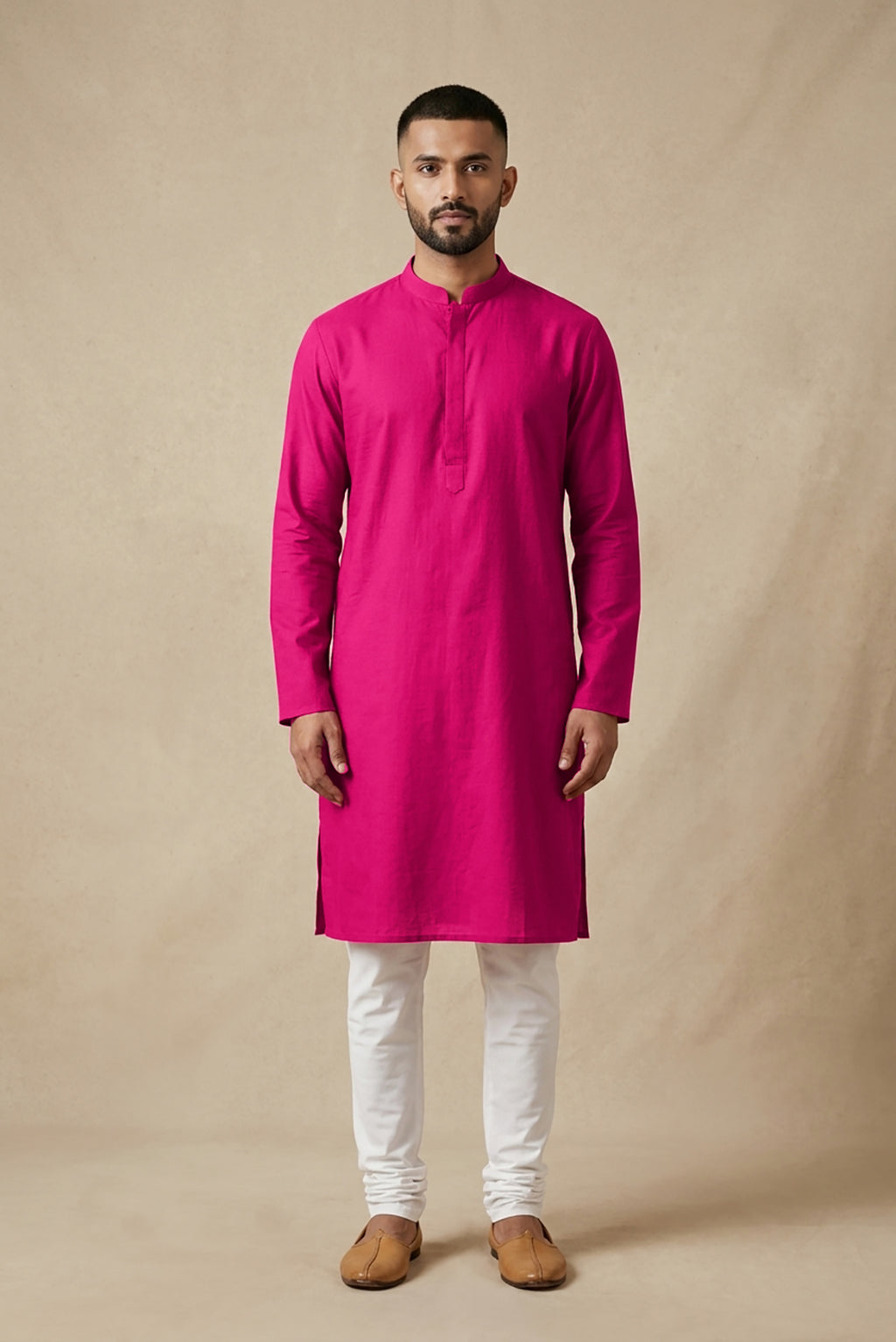 Pink Pure Silk Plain Body Mens Kurta