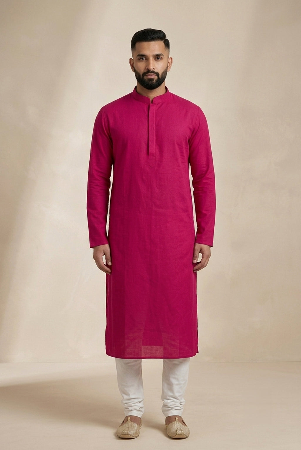 Pink Pure Cotton Plain Body Mens Kurta