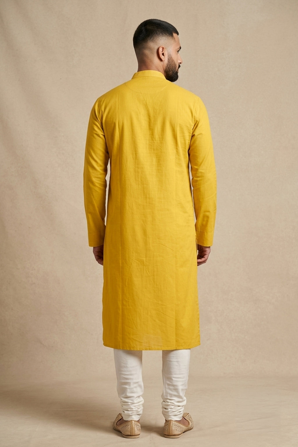 Yellow Pure Cotton Plain Body Mens Kurta