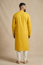 Yellow Pure Cotton Plain Body Mens Kurta