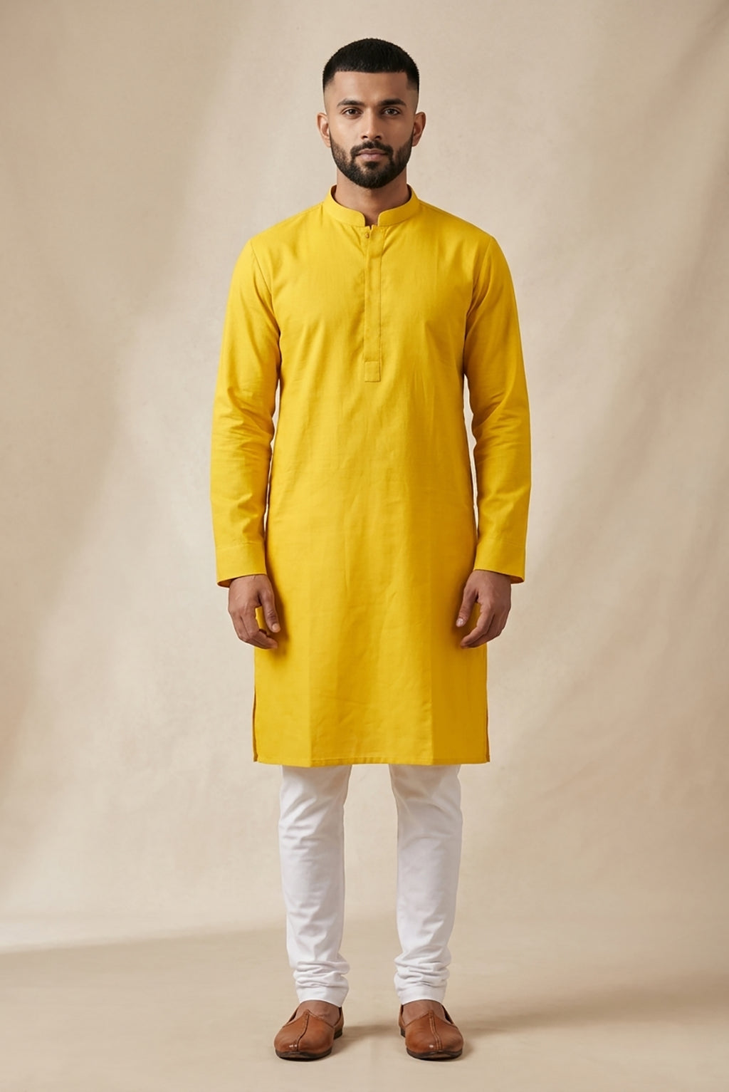 Yellow Pure Silk Plain Body Mens Kurta