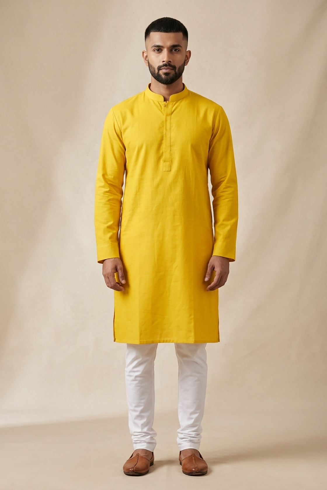 Yellow Pure Silk Plain Body Mens Kurta