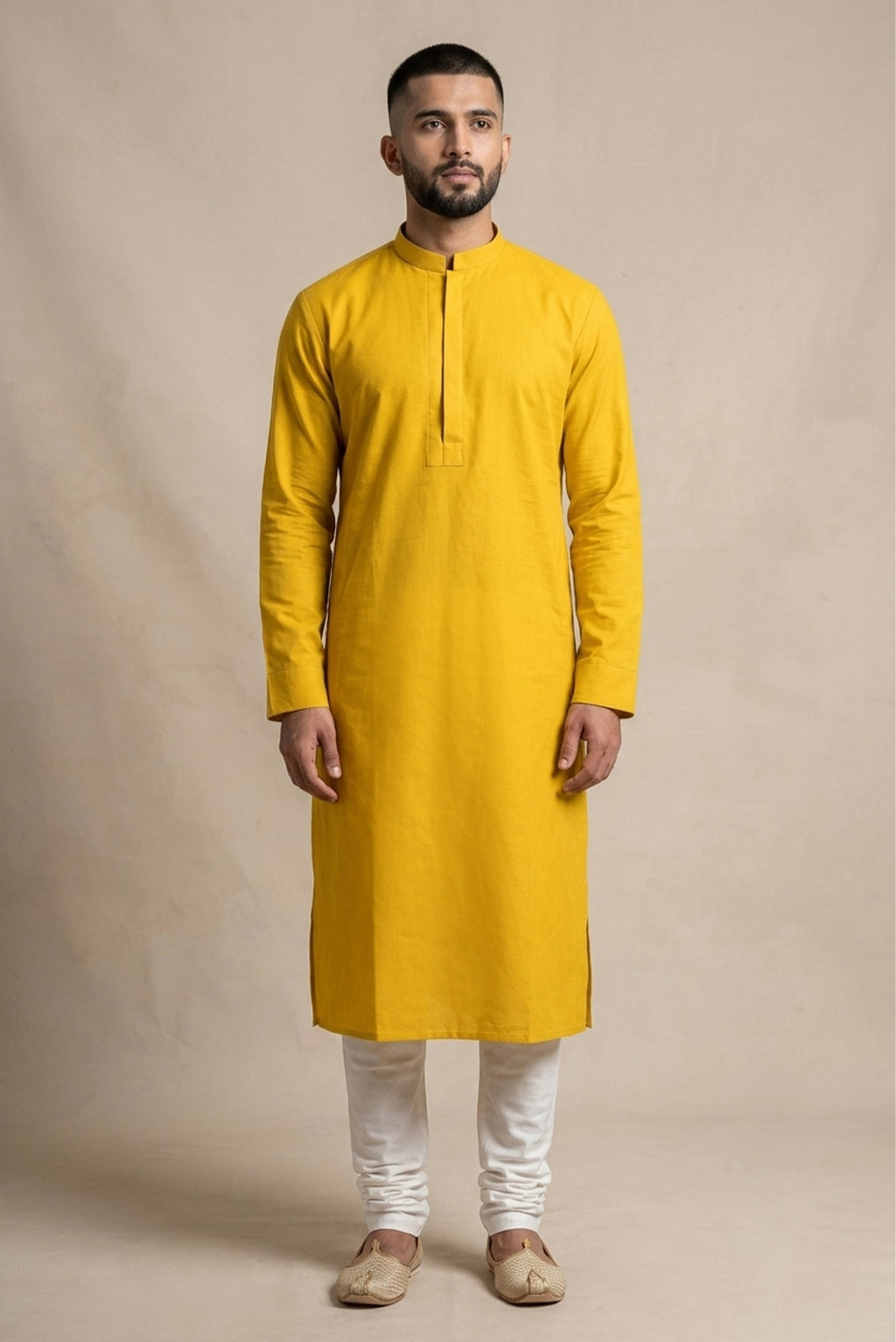Yellow Pure Cotton Plain Body Mens Kurta