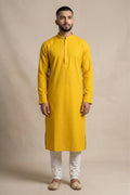 Yellow Pure Cotton Plain Body Mens Kurta