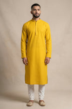 Yellow Pure Cotton Plain Body Mens Kurta