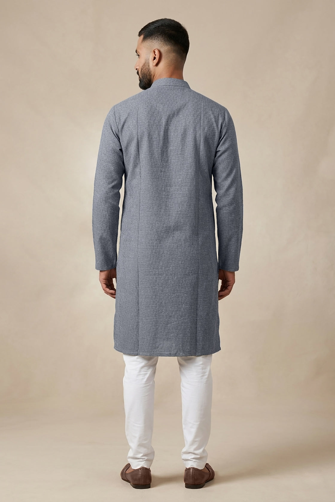 Grey Pure Silk Plain Body Mens Kurta back image displayed on an AI model