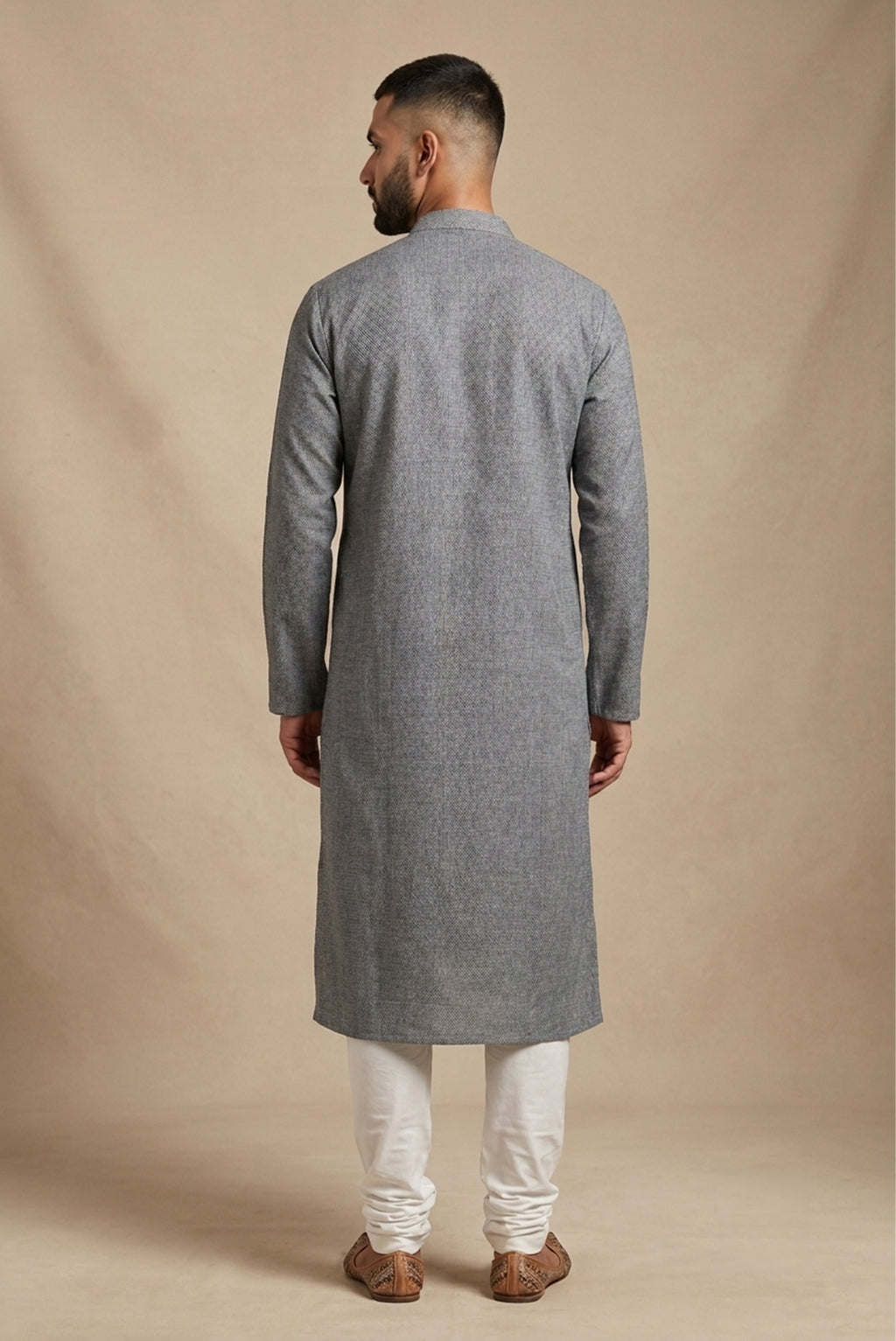 Grey Pure Cotton Plain Body Mens Kurta