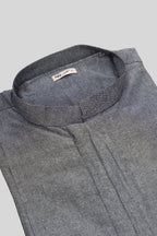 Detailed shot of Grey Pure Silk Plain Body Mens Kurta