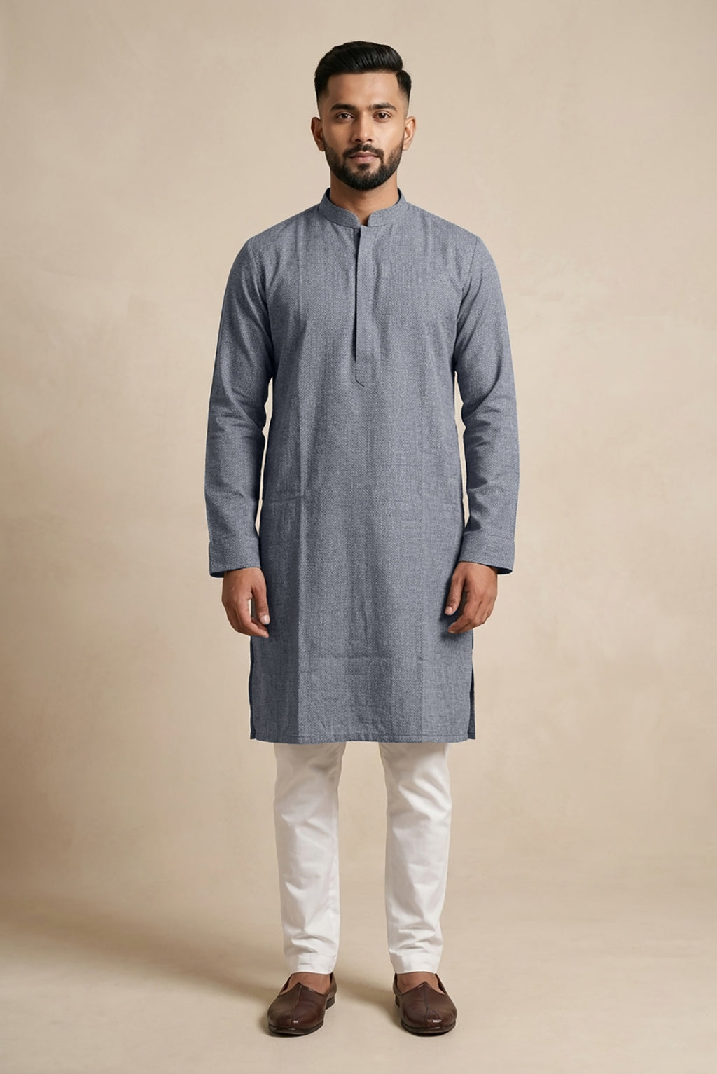 Grey Pure Silk Plain Body Mens Kurta