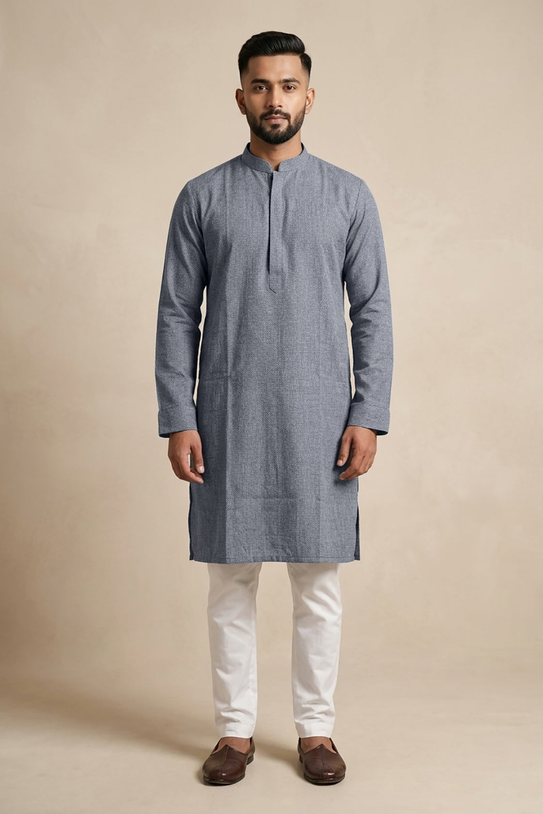 Grey Pure Silk Plain Body Mens Kurta
