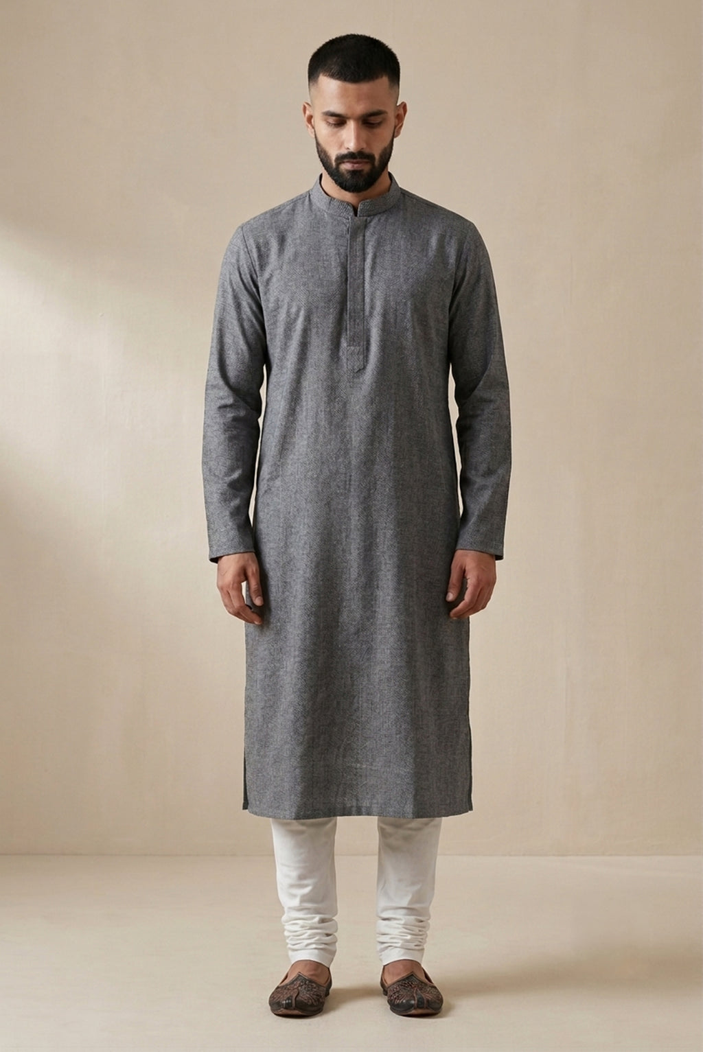 Grey Pure Cotton Plain Body Mens Kurta