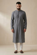 Grey Pure Cotton Plain Body Mens Kurta