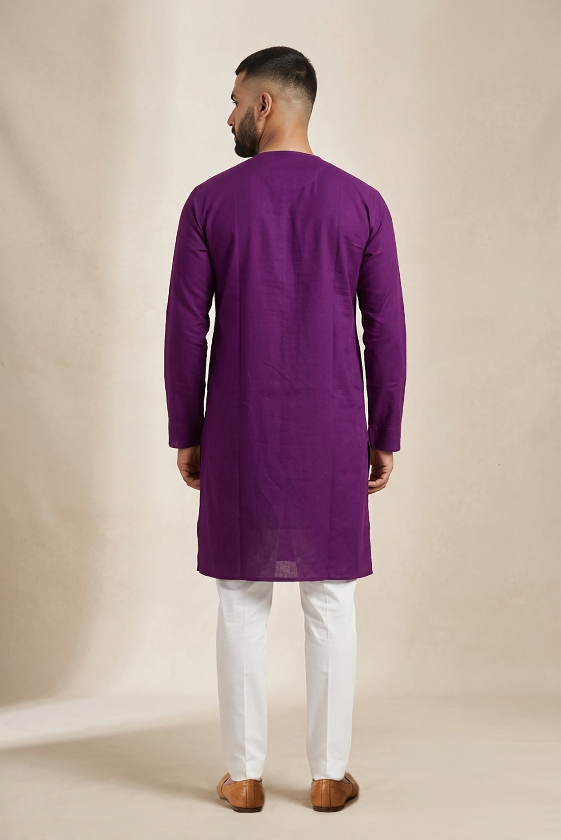 Purple Pure Silk Plain Body Mens Kurta back image displayed on an AI model