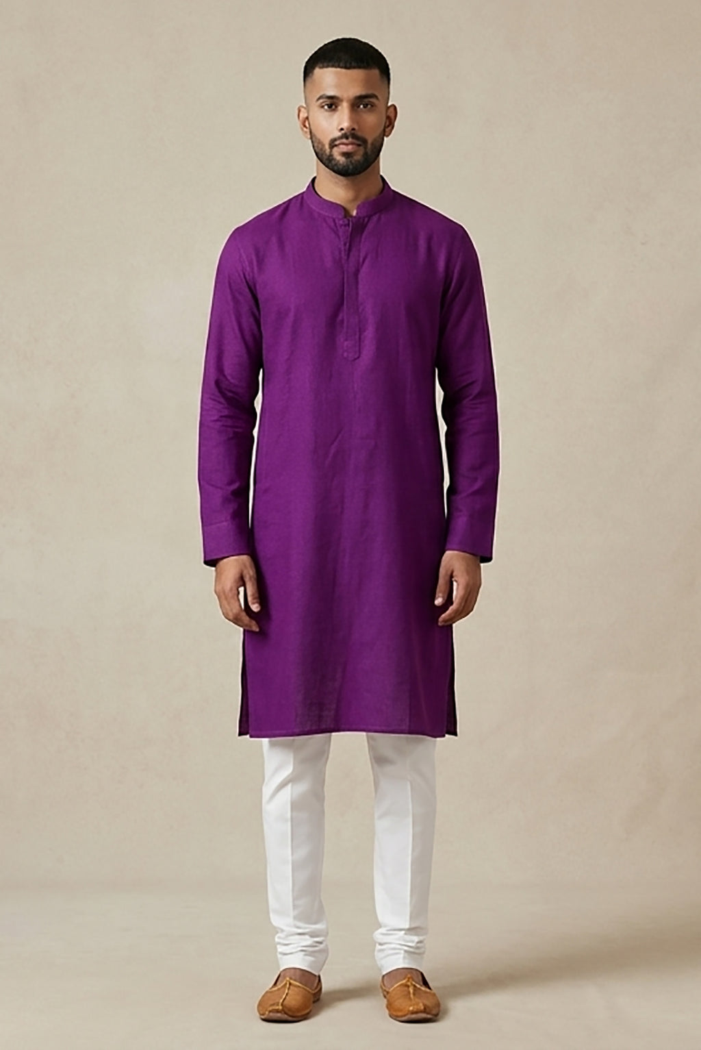 Purple Pure Silk Plain Body Mens Kurta