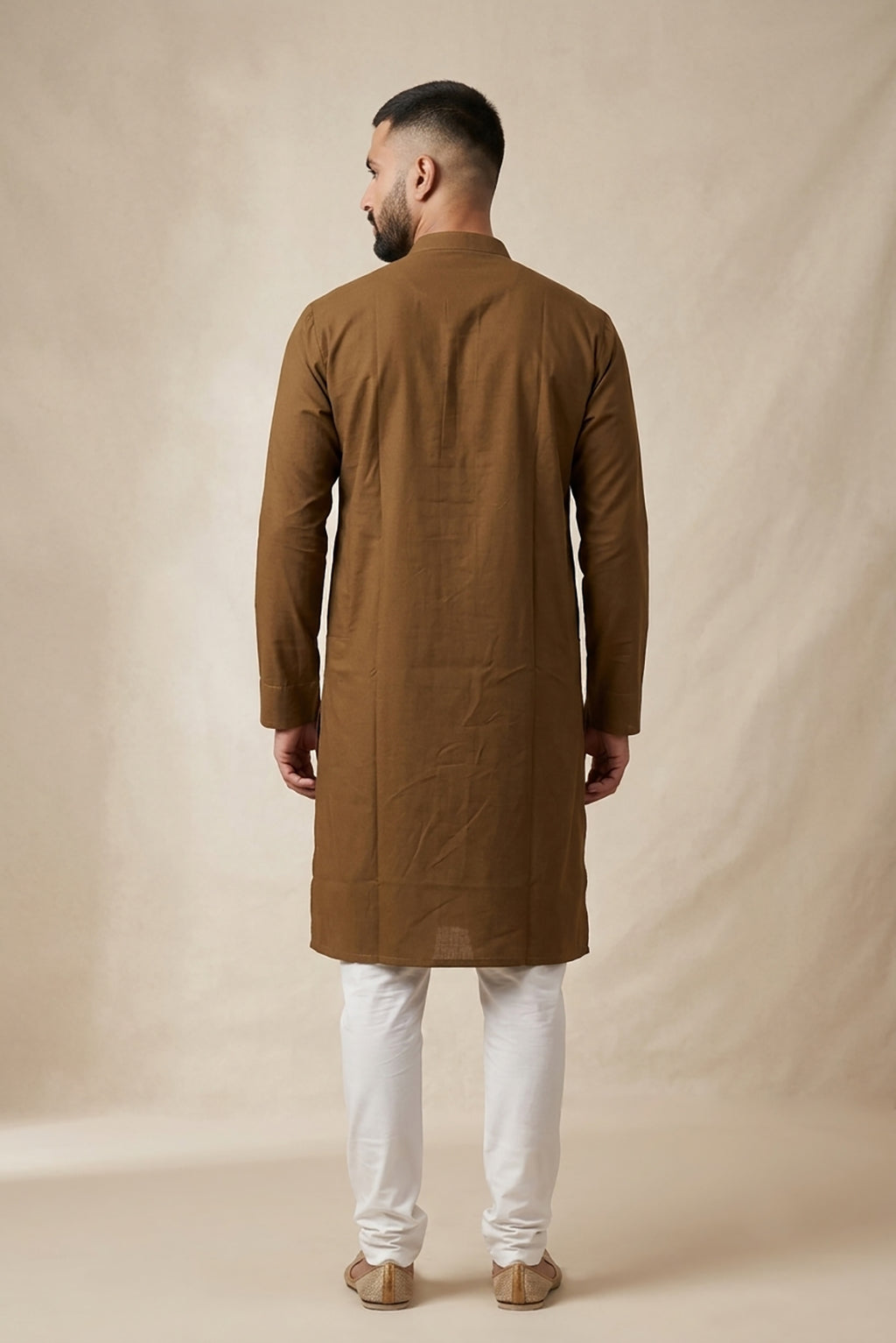 Mehandi Green Pure Silk Plain Body Mens Kurta back image displayed on an AI model
