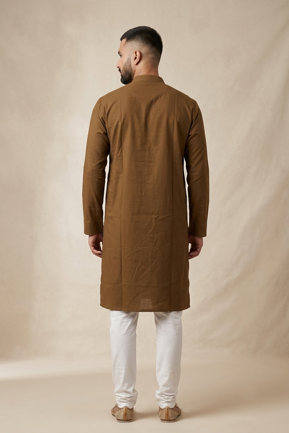 Mehandi Green Pure Silk Plain Body Mens Kurta back image displayed on an AI model