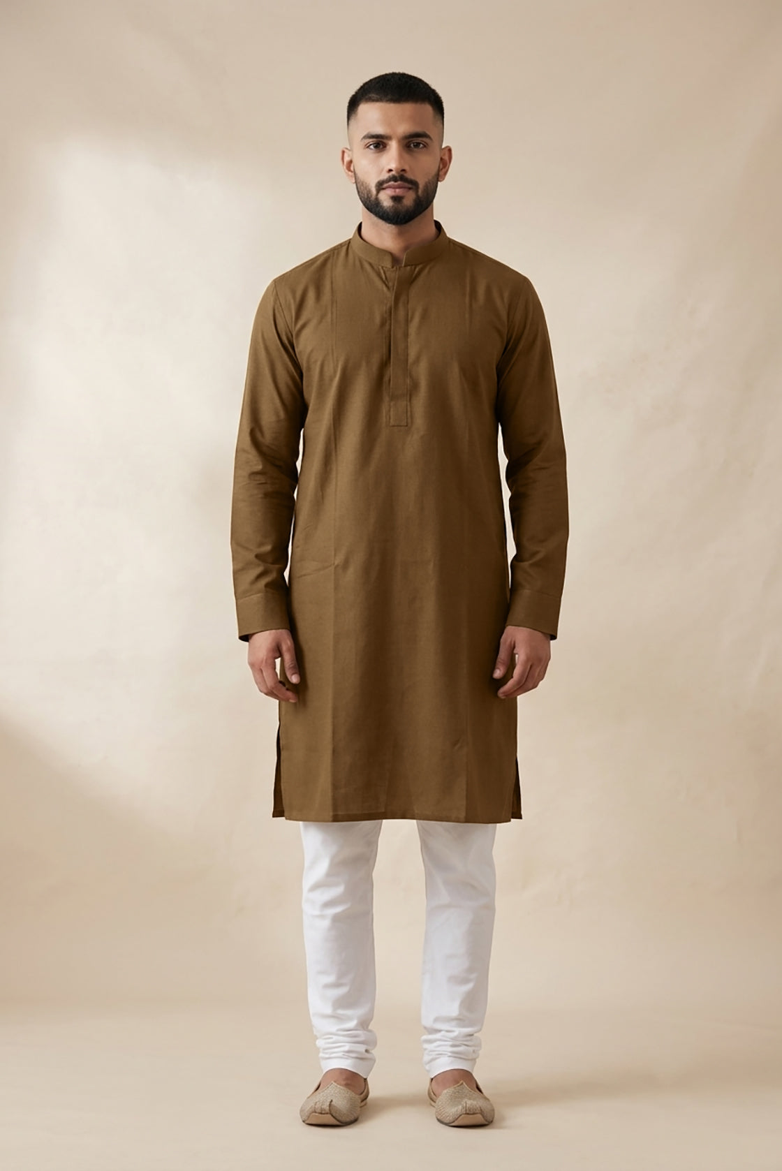 Mehandi Green Pure Silk Plain Body Mens Kurta