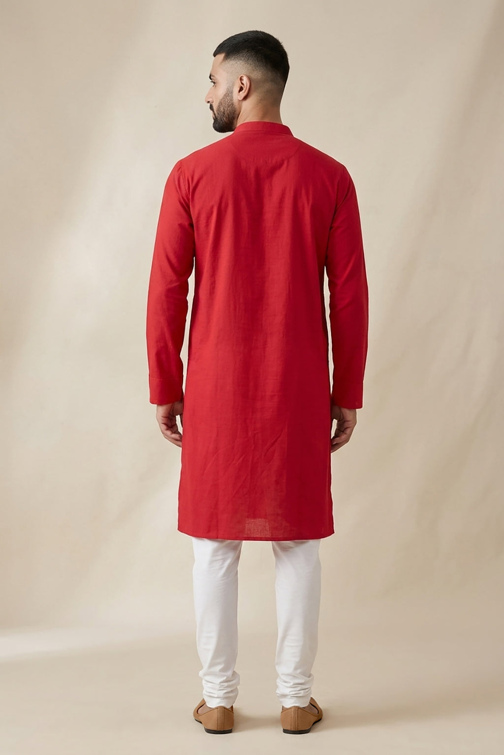 Red Pure Silk Plain Body Mens Kurta back image displayed on an AI model