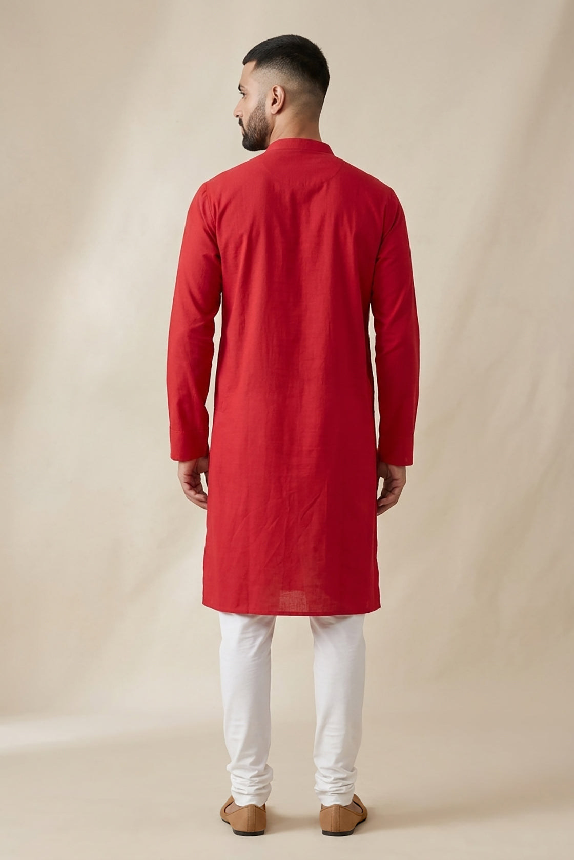 Red Pure Silk Plain Body Mens Kurta back image displayed on an AI model