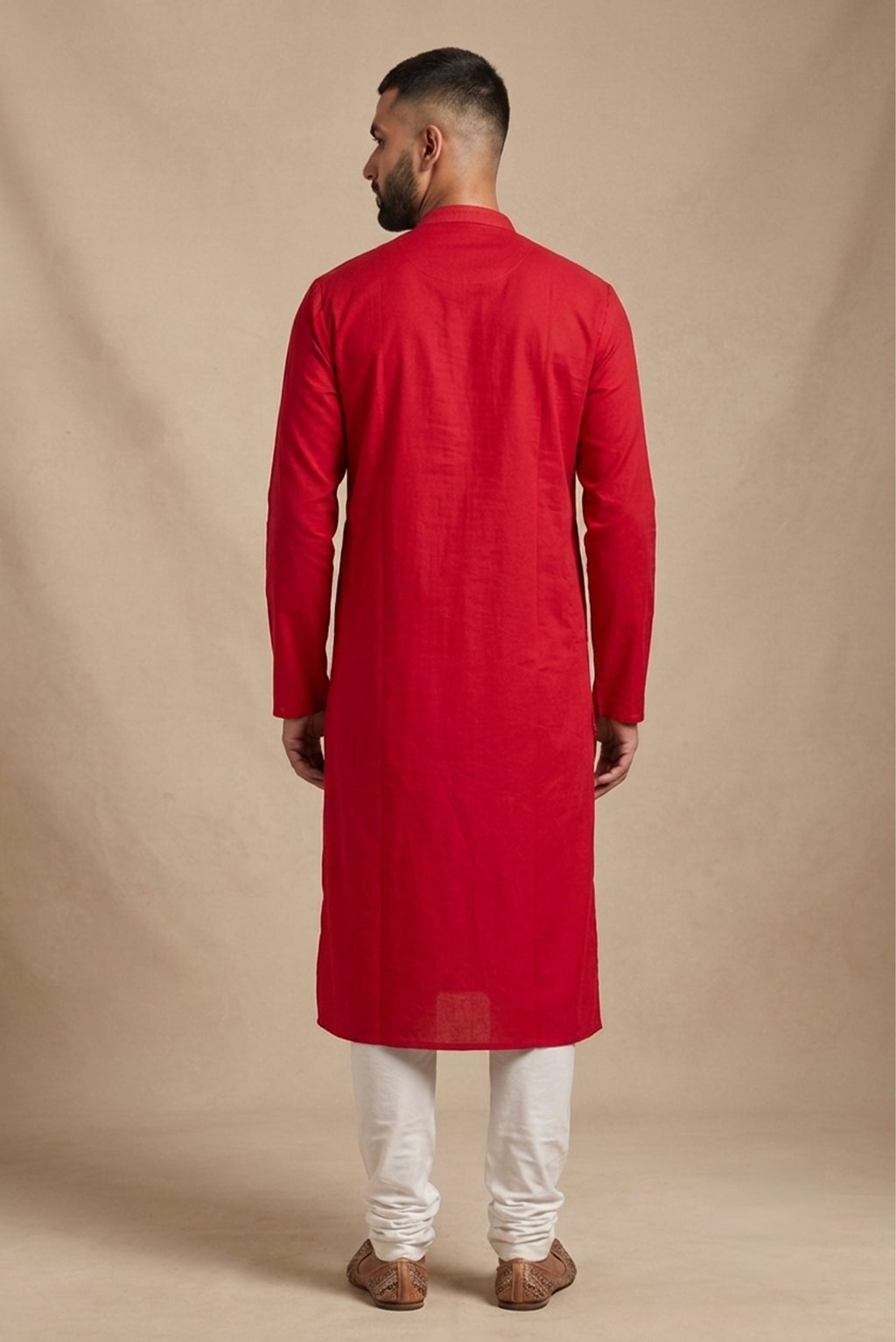 Red Pure Cotton Plain Body Mens Kurta