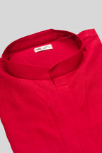 Detailed shot of Red Pure Silk Plain Body Mens Kurta