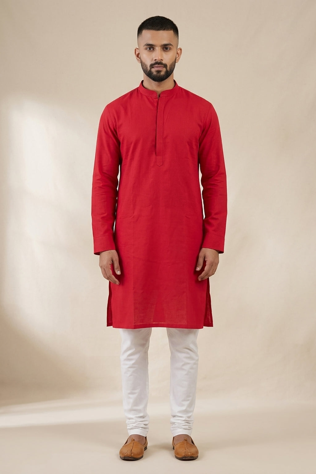Red Pure Silk Plain Body Mens Kurta