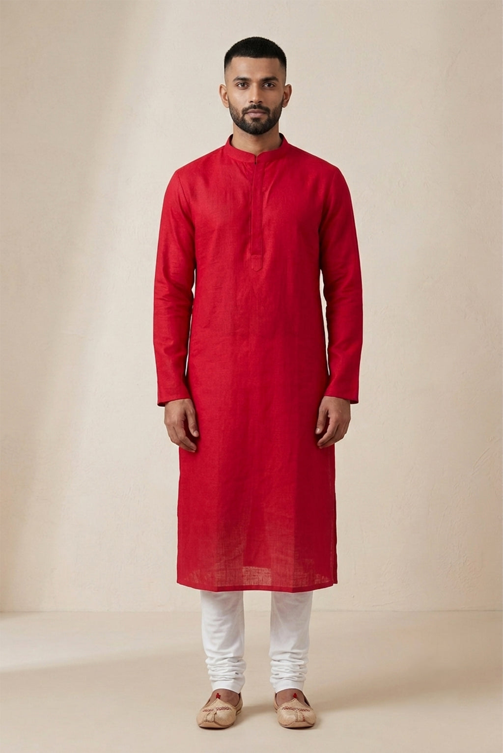 Red Pure Cotton Plain Body Mens Kurta