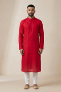 Red Pure Cotton Plain Body Mens Kurta