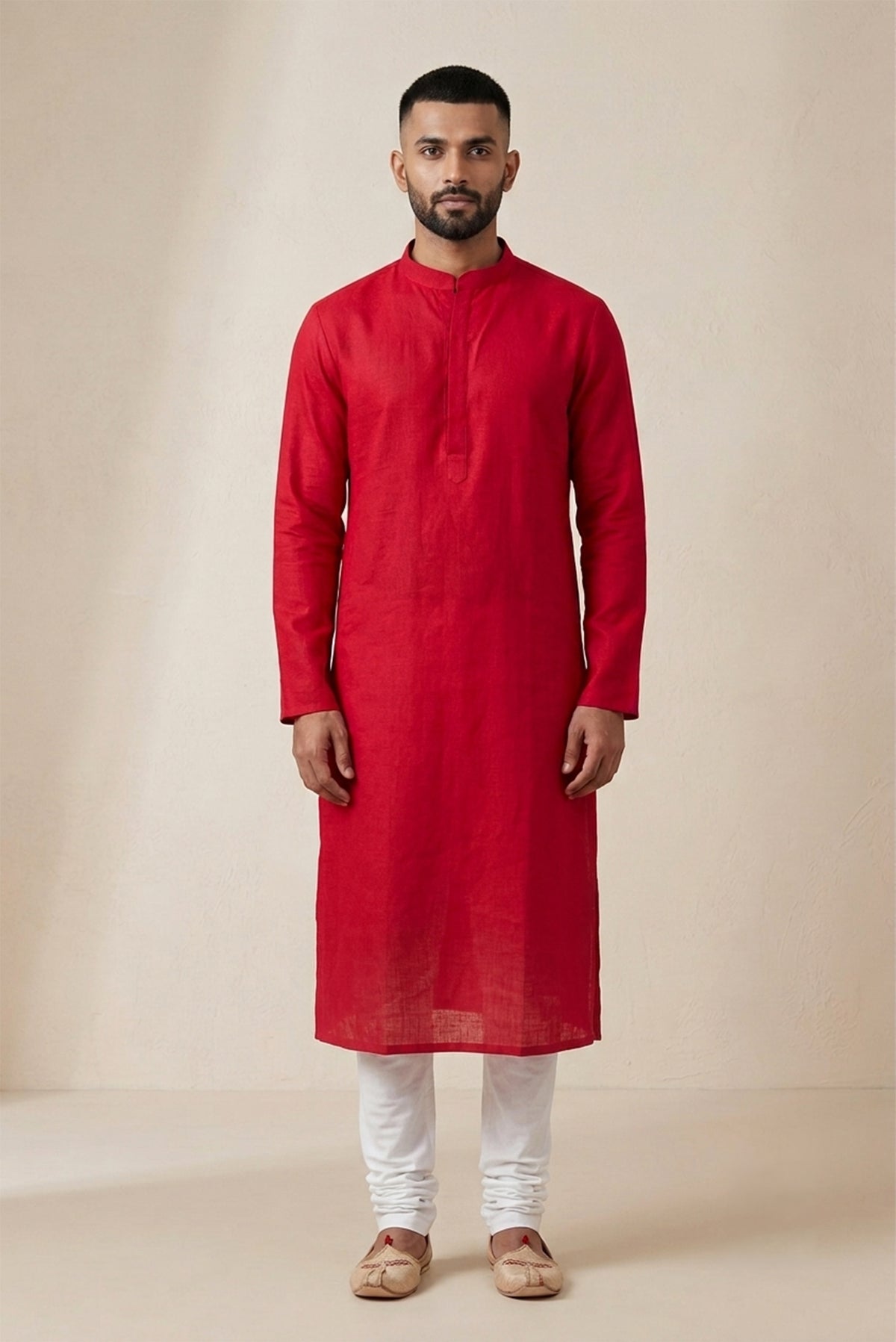 Red Pure Cotton Plain Body Mens Kurta
