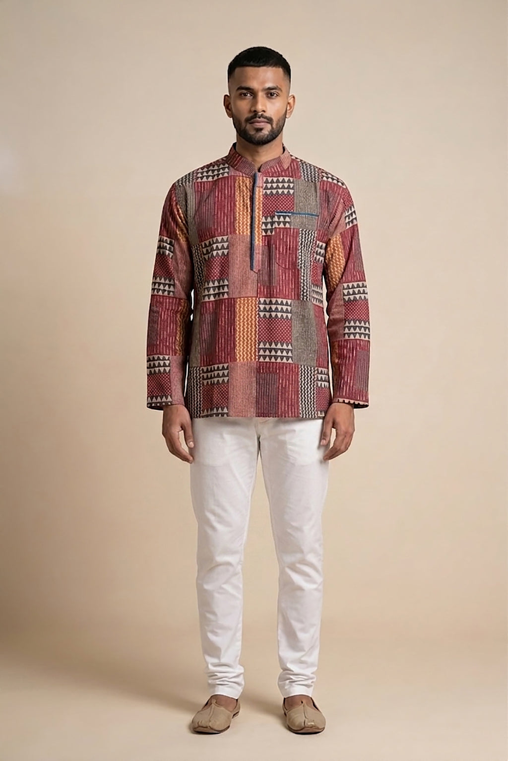 Mauve Pure Silk Printed Mens Kurta back image displayed on an AI model