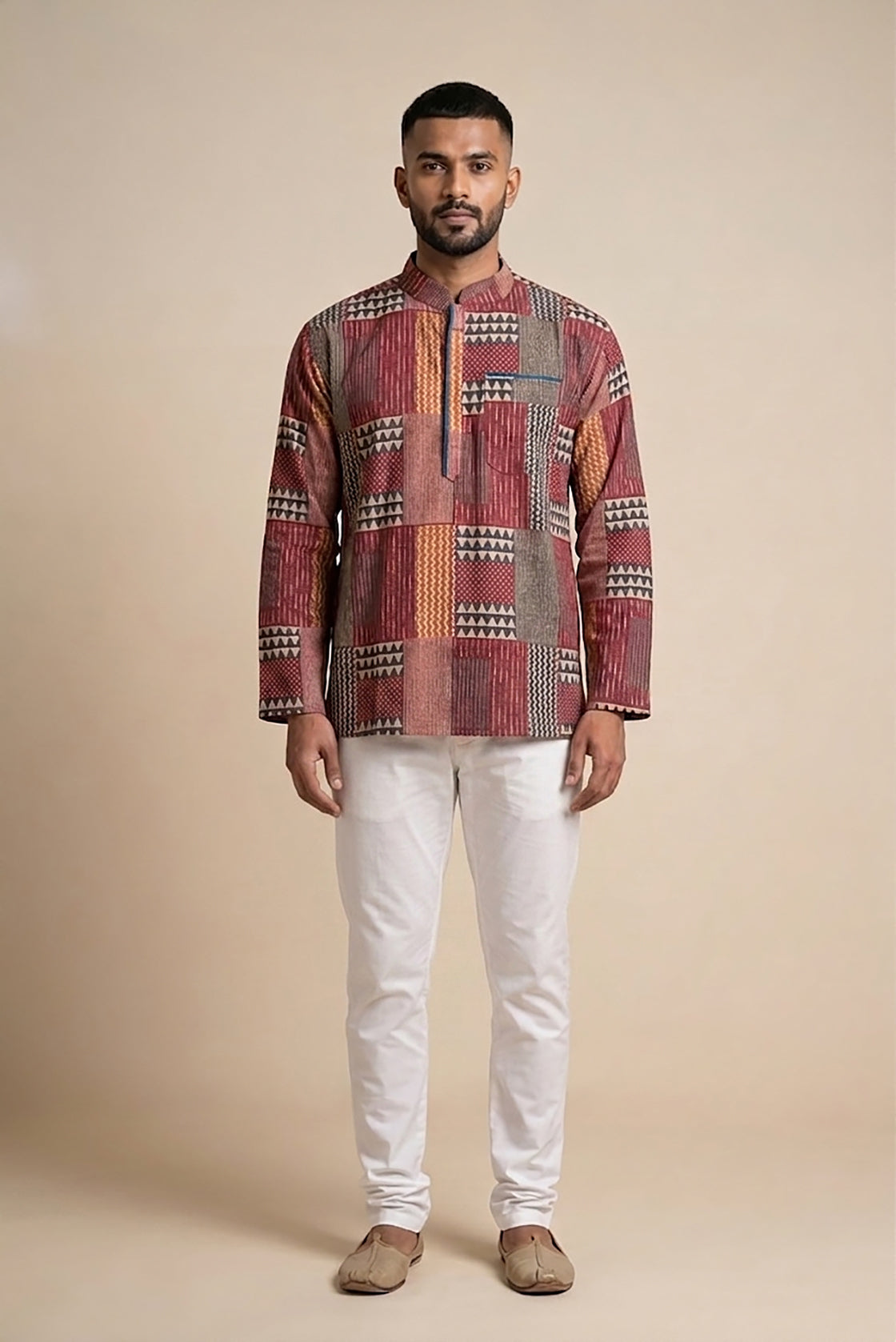 Mauve Pure Silk Printed Mens Kurta back image displayed on an AI model