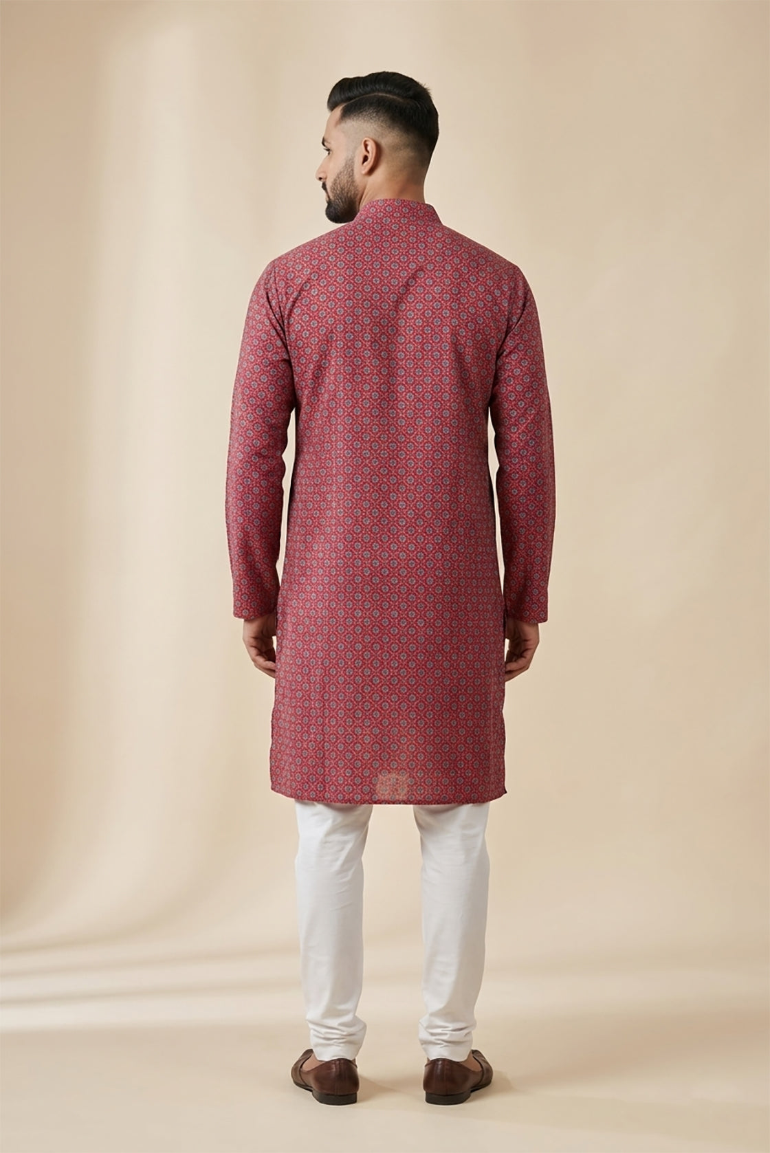 Dark Pink Pure Silk Printed Mens Kurta back image displayed on an AI model