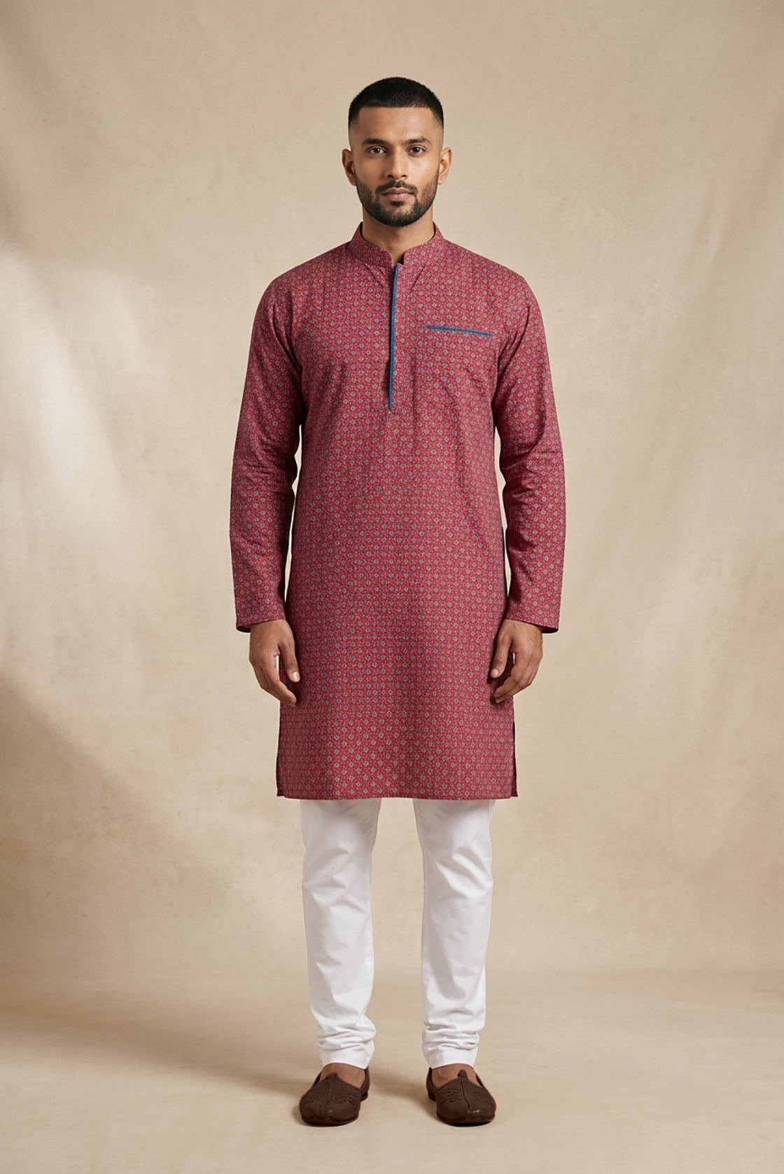 Dark Pink Pure Silk Printed Mens Kurta
