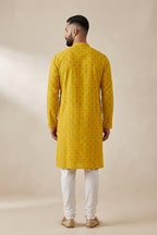 Mustard Pure Cotton Thread Butta Mens Kurta back image displayed on an AI model
