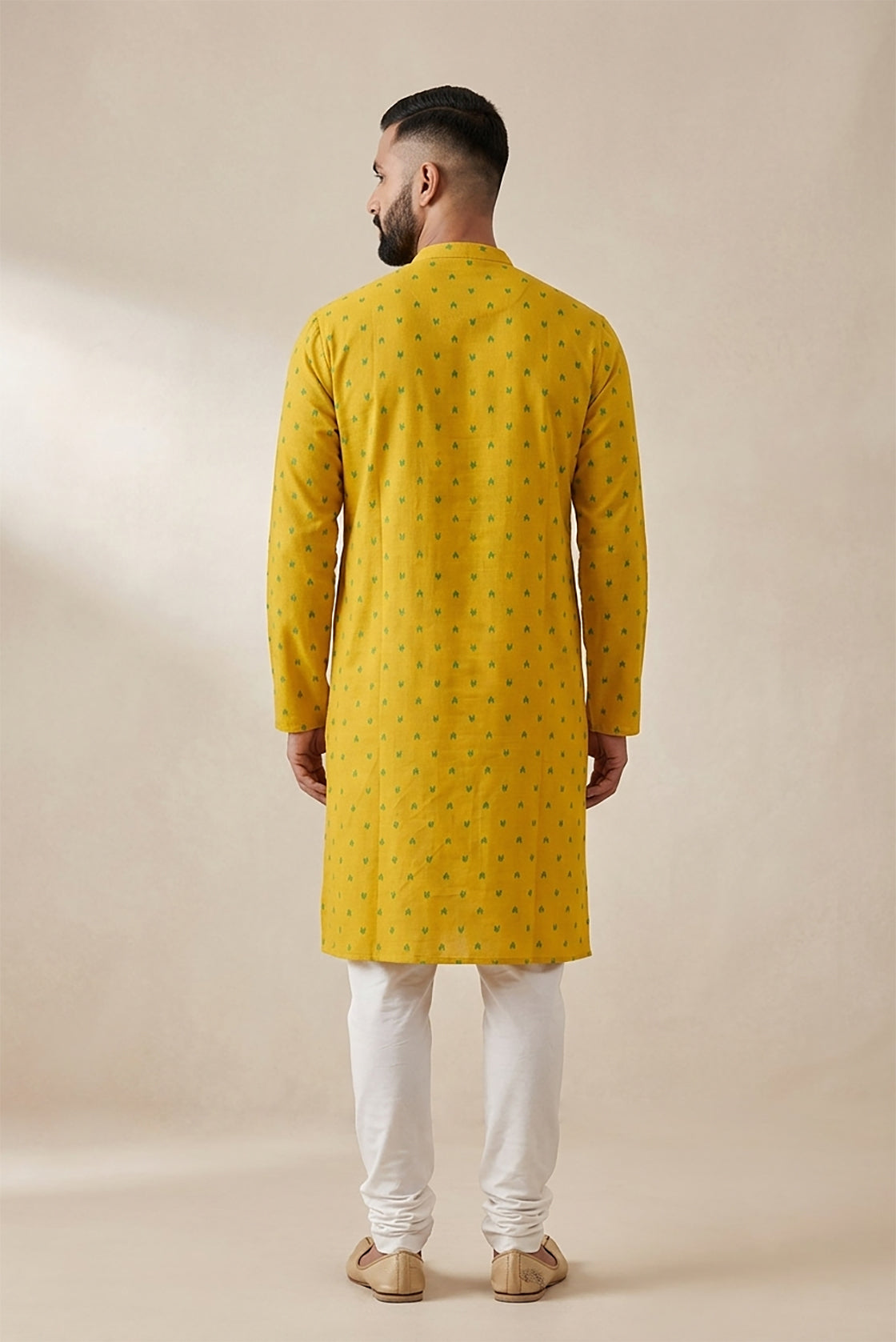 Mustard Pure Cotton Thread Butta Mens Kurta back image displayed on an AI model