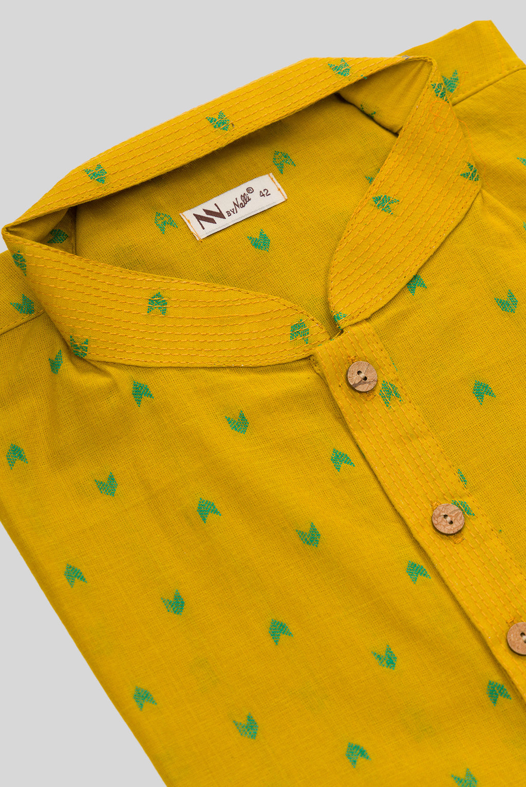 Detailed shot of Mustard Pure Cotton Thread Butta Mens Kurta