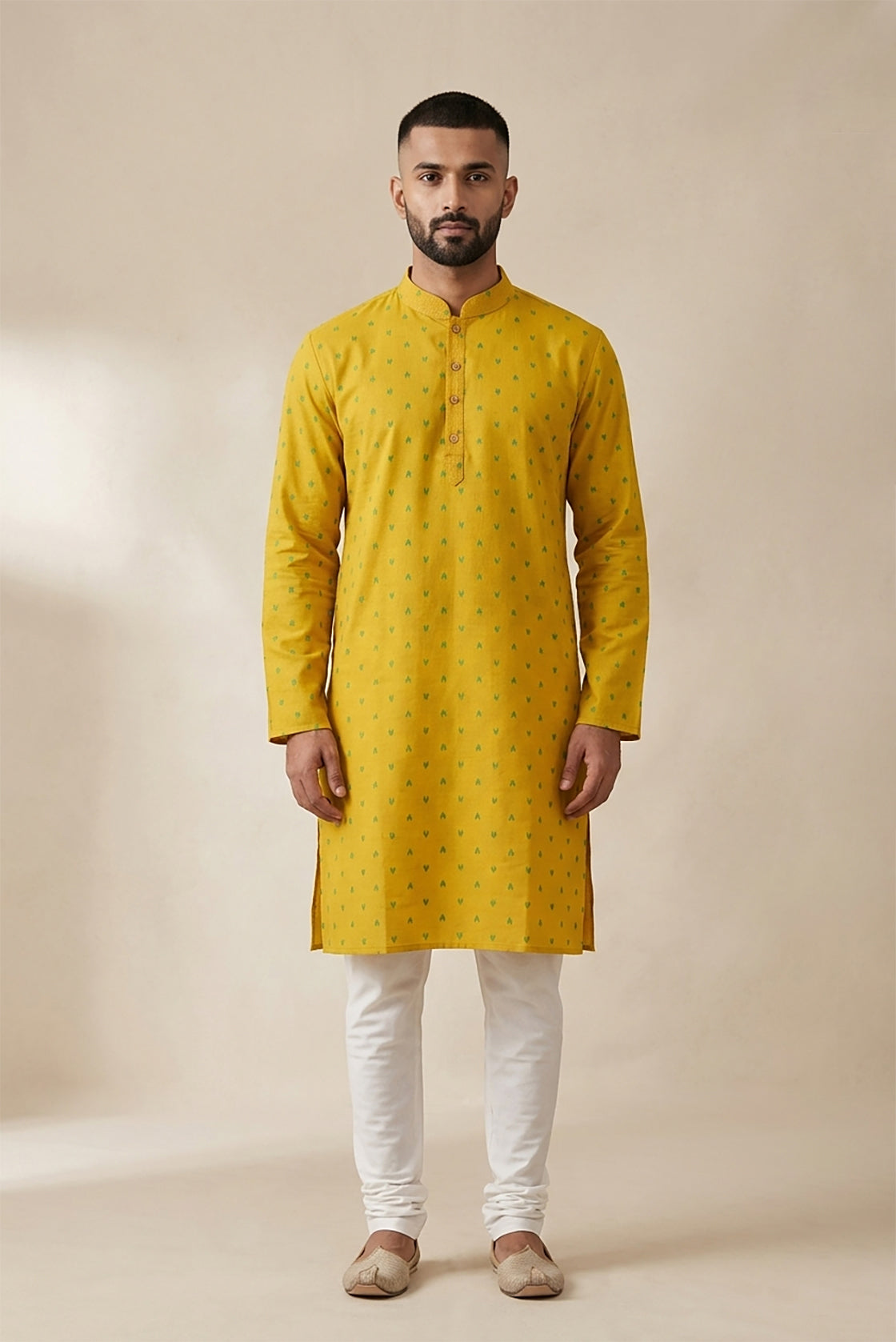Mustard Pure Cotton Thread Butta Mens Kurta