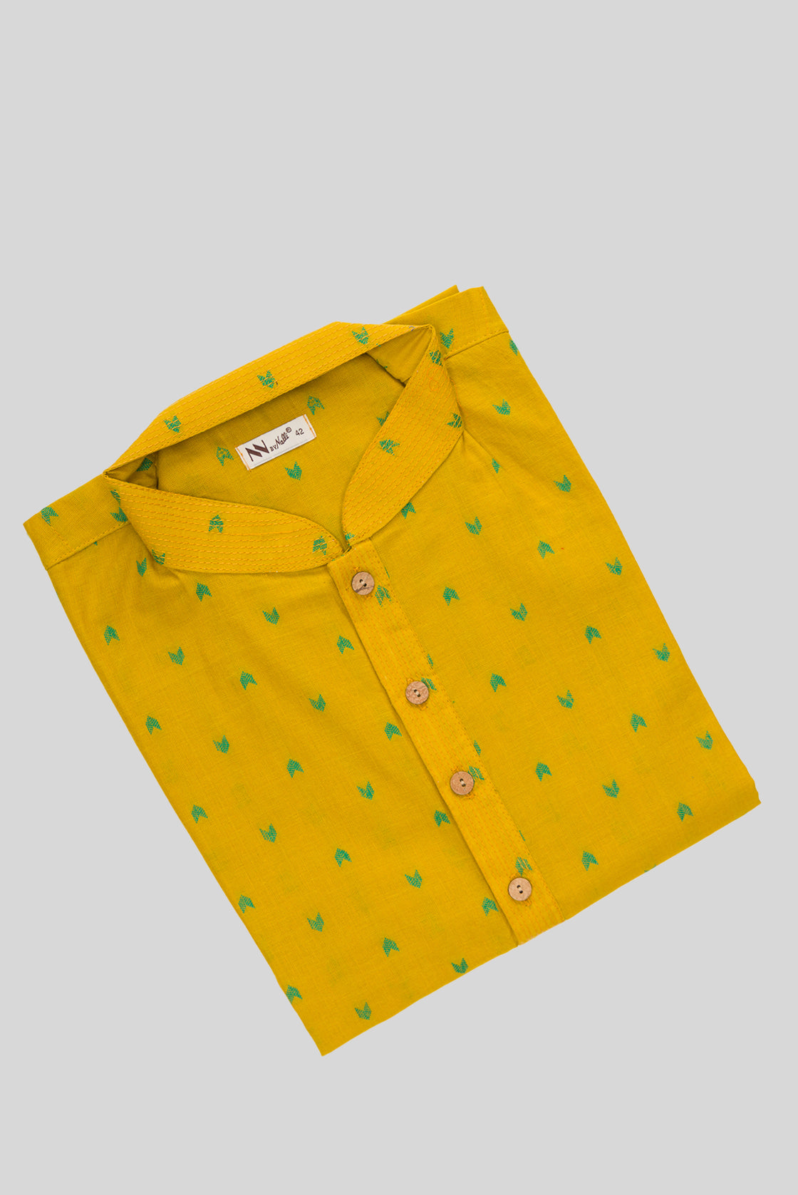 Close up blouse image of Mustard Pure Cotton Thread Butta Mens Kurta