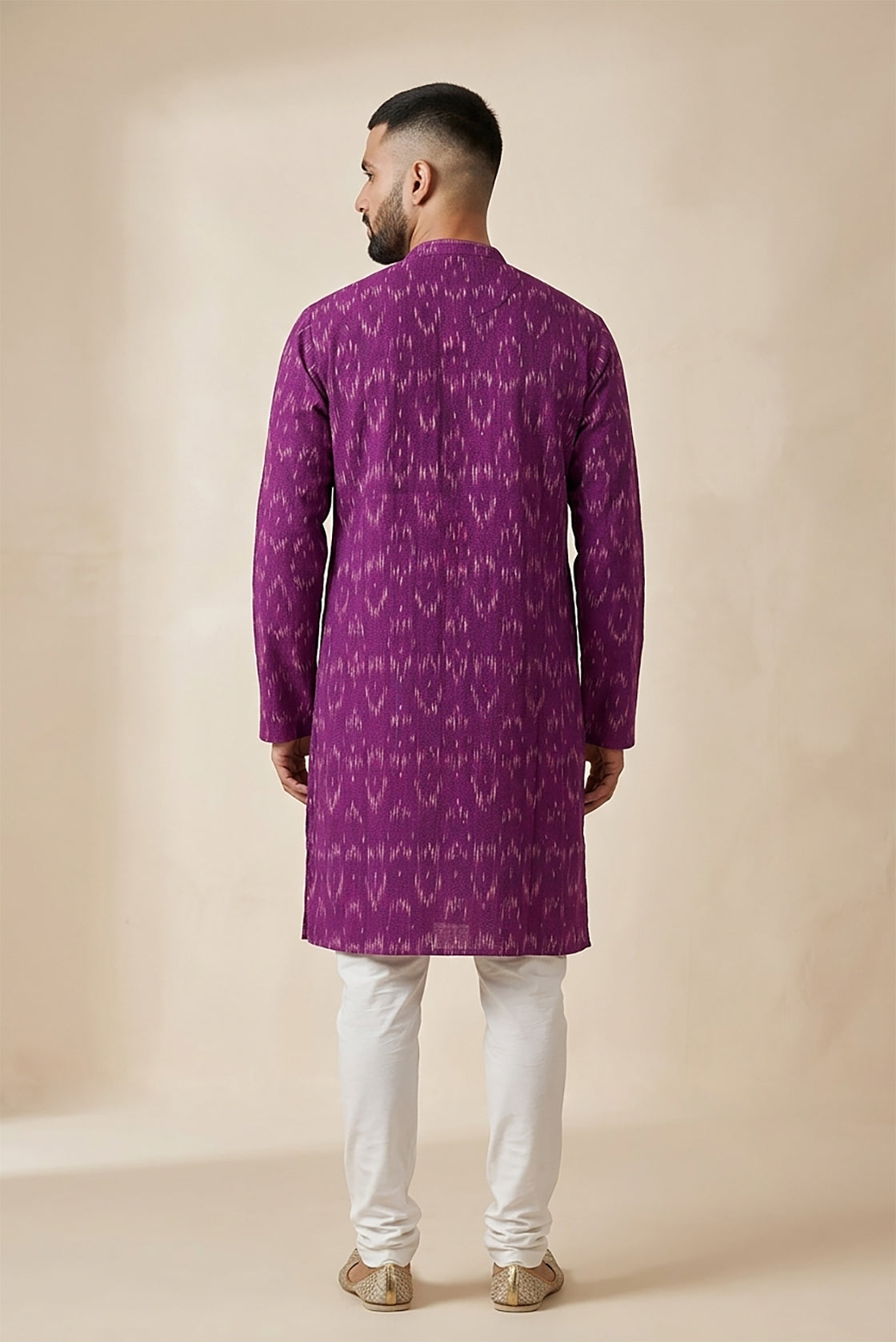 Purple Pure Cotton Ikat Print Mens Kurta back image displayed on an AI model