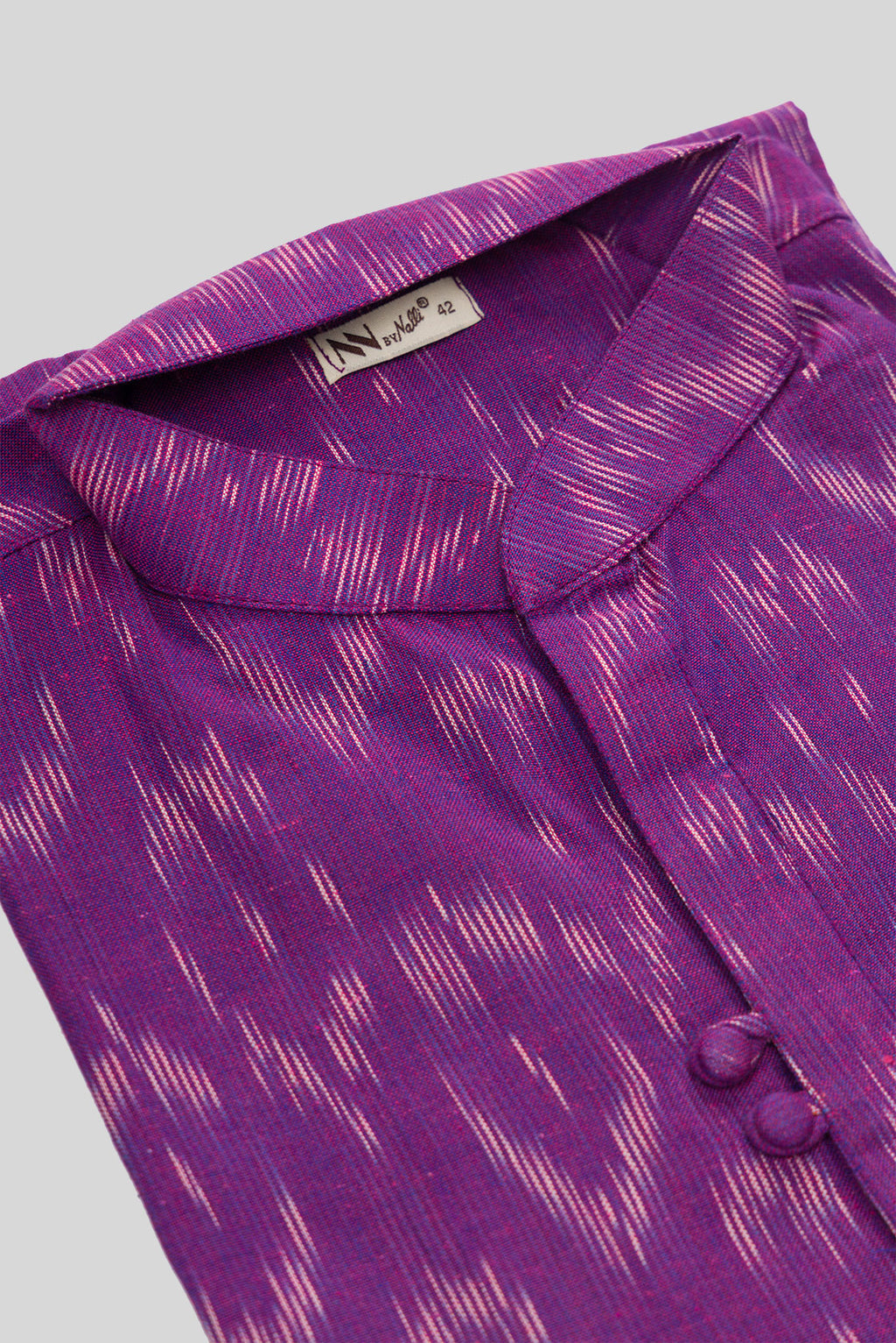 Detailed shot of Purple Pure Cotton Ikat Print Mens Kurta