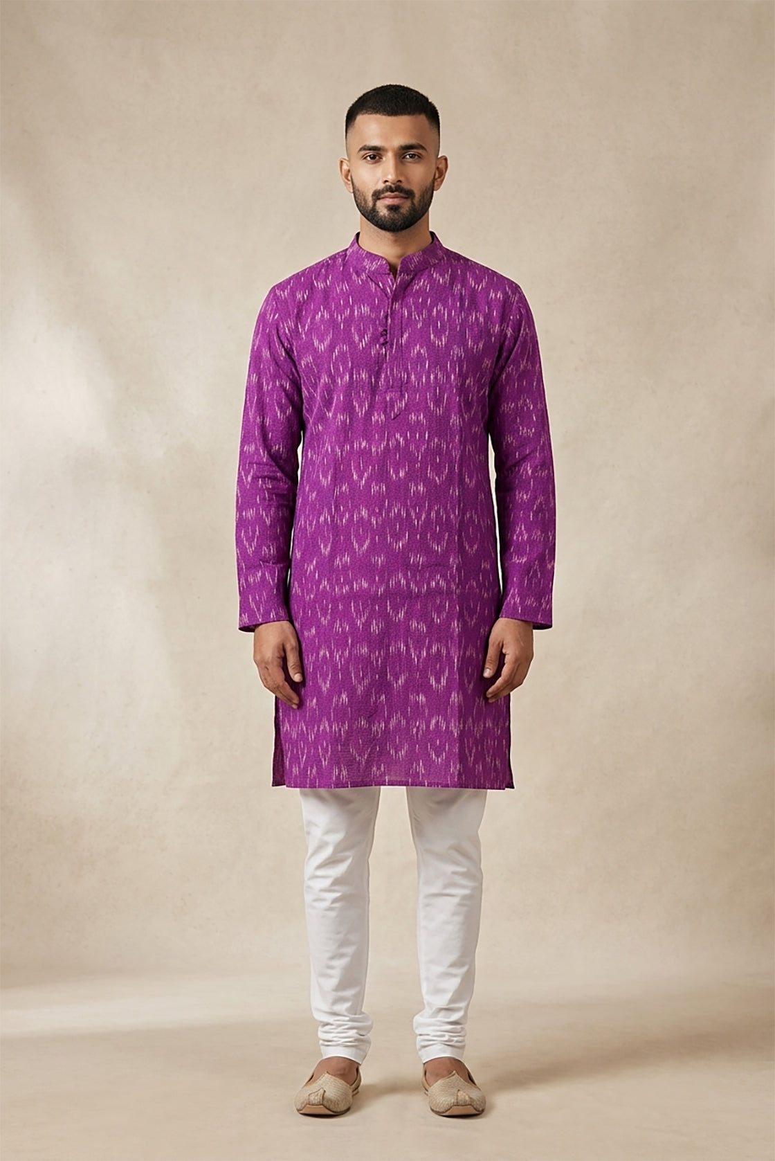 Purple Pure Cotton Ikat Print Mens Kurta