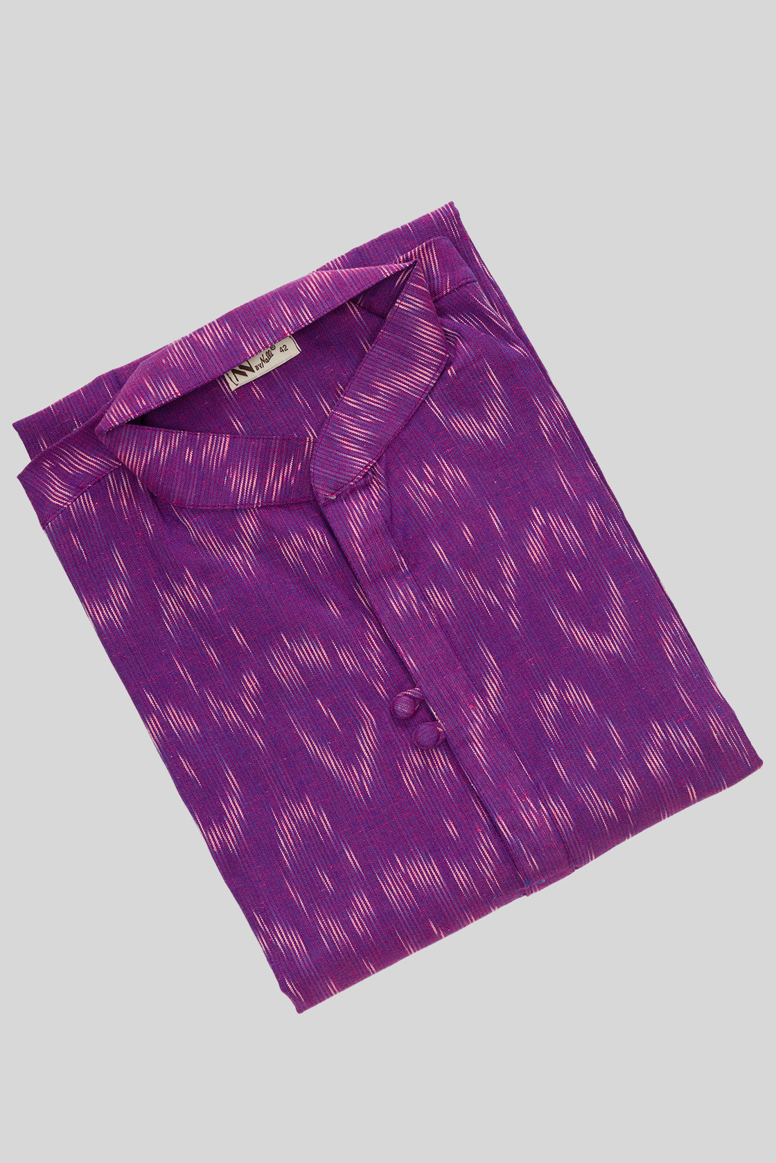 Close up blouse image of Purple Pure Cotton Ikat Print Mens Kurta