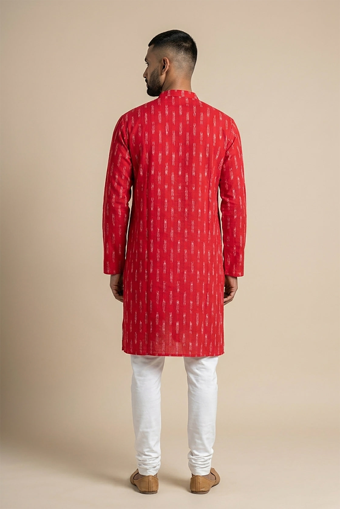 Red Pure Cotton Ikat Print Mens Kurta back image displayed on an AI model