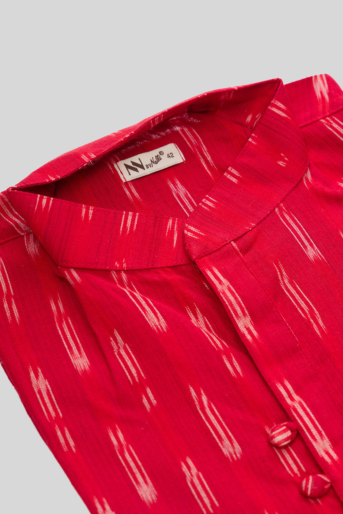 Detailed shot of Red Pure Cotton Ikat Print Mens Kurta