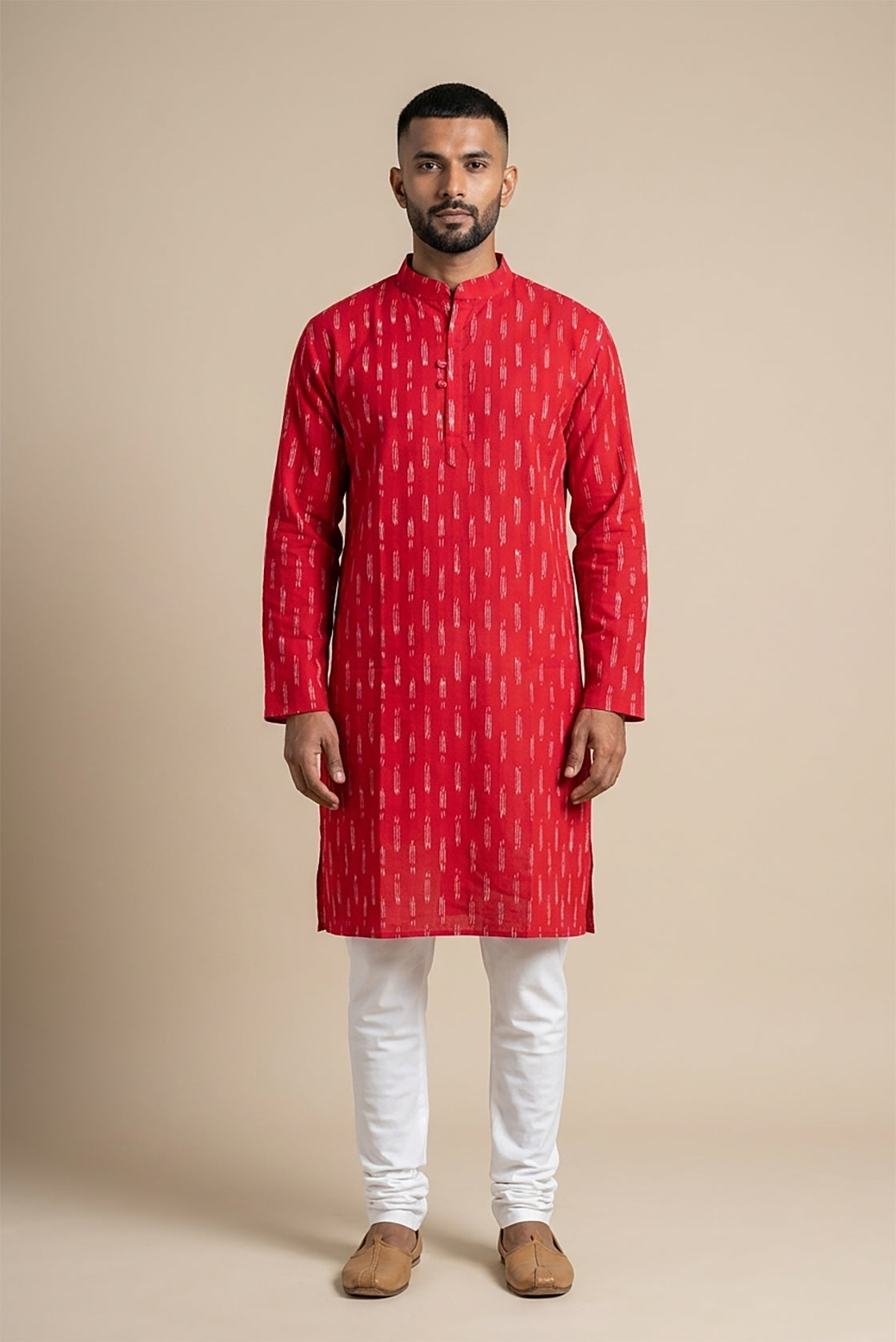 Red Pure Cotton Ikat Print Mens Kurta