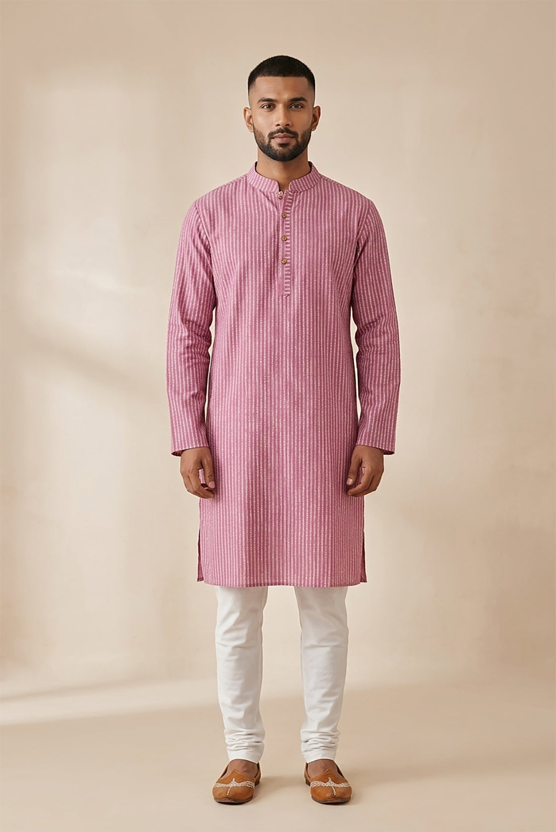 Pink Pure Cotton Stripes Mens Kurta