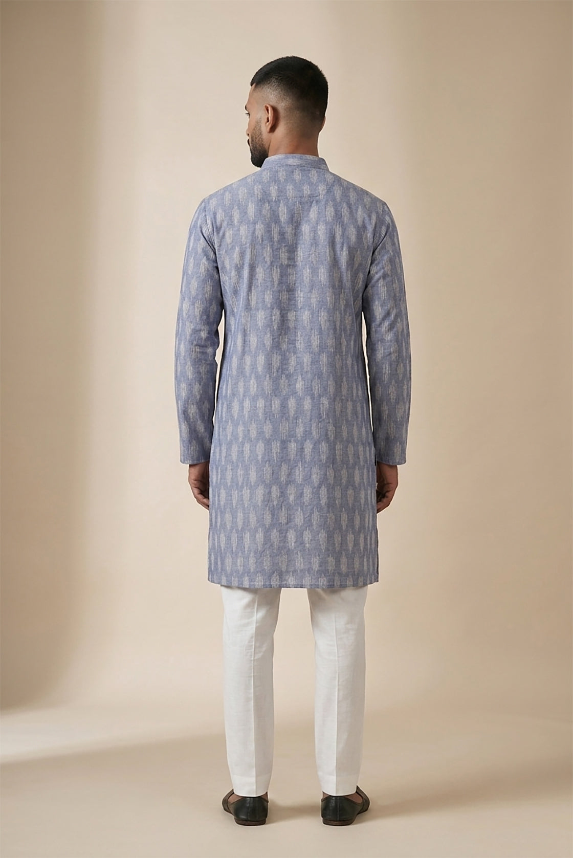Blue Pure Cotton Ikat Print Mens Kurta back image displayed on an AI model