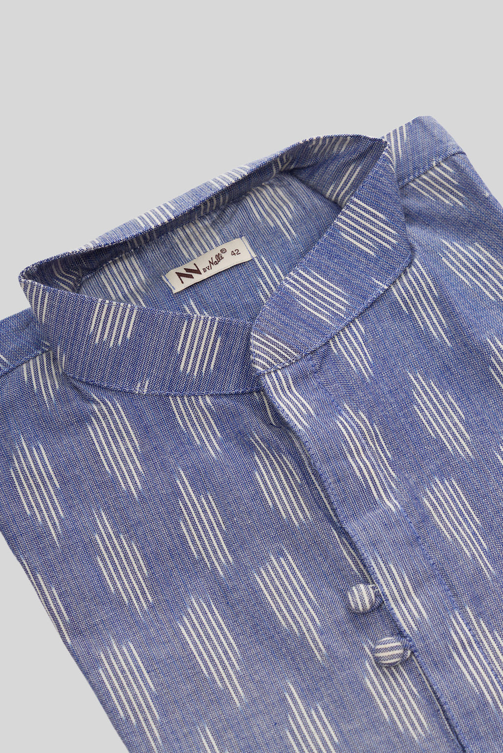 Detailed shot of Blue Pure Cotton Ikat Print Mens Kurta