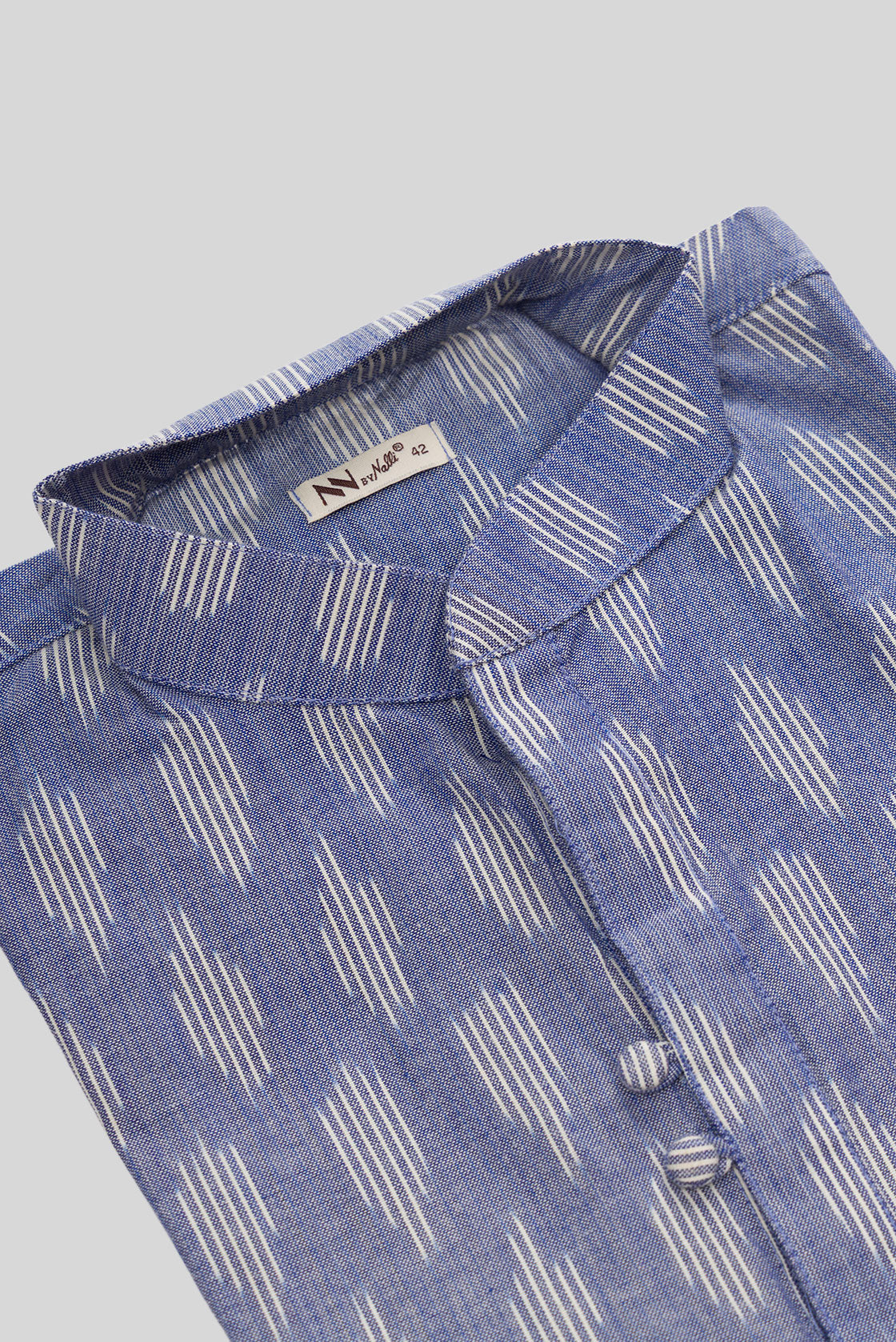 Detailed shot of Blue Pure Cotton Ikat Print Mens Kurta